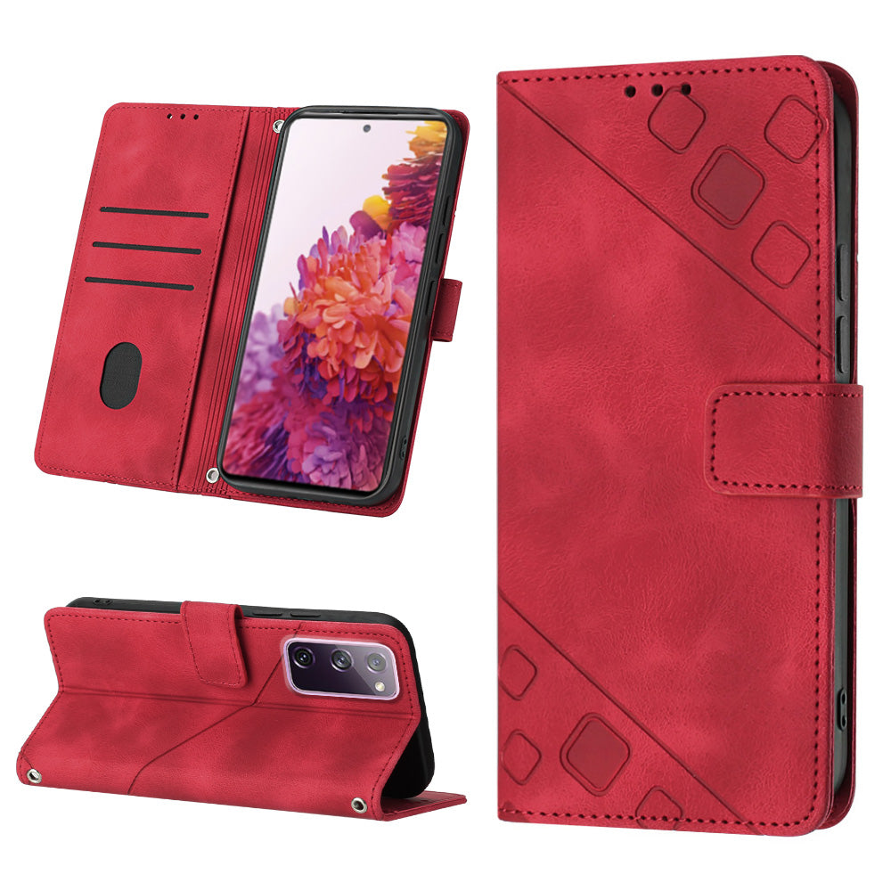 PT005 YB Imprinting Series-6 For Samsung Galaxy S20 FE 5G / S20 FE / S20 FE 2022 / S20 Lite Skin Touch Foldable Stand Phone Case PU Leather Wallet Cover - Red