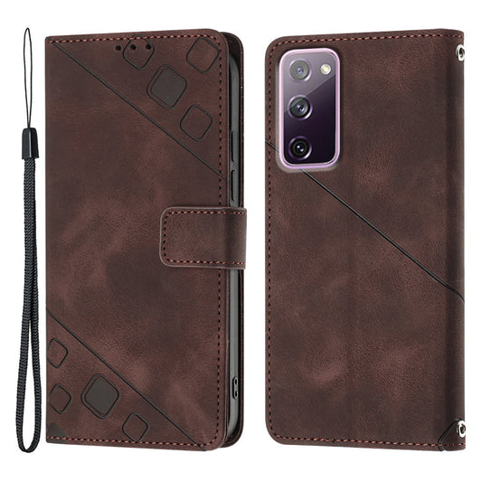 PT005 YB Imprinting Series-6 For Samsung Galaxy S20 FE 5G / S20 FE / S20 FE 2022 / S20 Lite Skin Touch Foldable Stand Phone Case PU Leather Wallet Cover - Brown