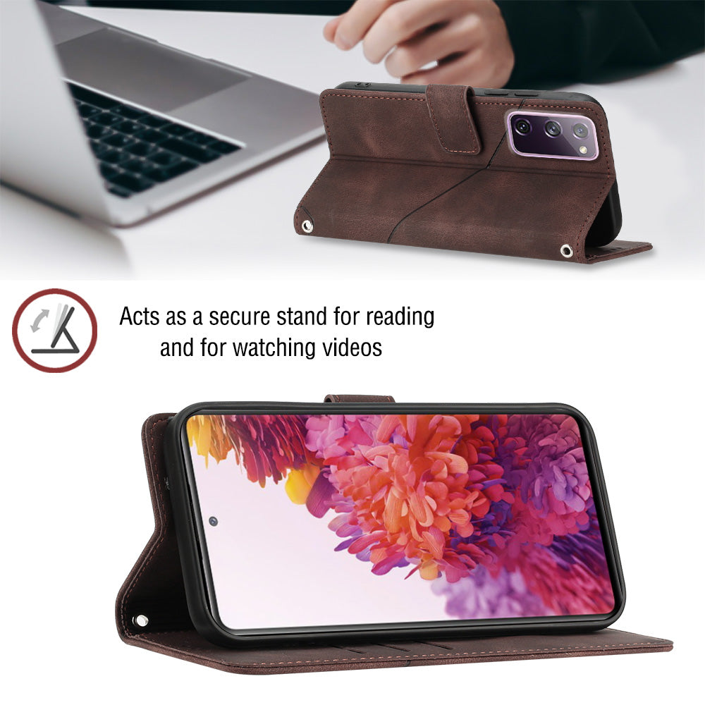 PT005 YB Imprinting Series-6 For Samsung Galaxy S20 FE 5G / S20 FE / S20 FE 2022 / S20 Lite Skin Touch Foldable Stand Phone Case PU Leather Wallet Cover - Brown