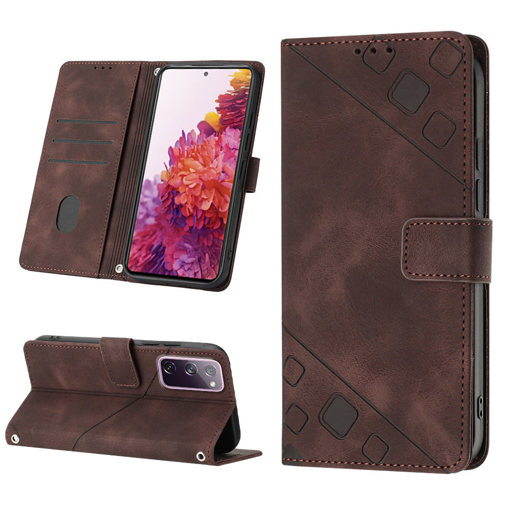 PT005 YB Imprinting Series-6 For Samsung Galaxy S20 FE 5G / S20 FE / S20 FE 2022 / S20 Lite Skin Touch Foldable Stand Phone Case PU Leather Wallet Cover - Brown