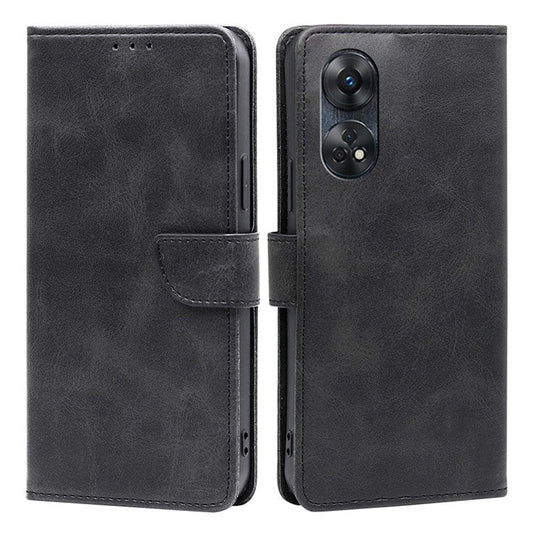 Protective Phone Leather Cover for Oppo Reno8 T 4G Calf Texture Stand Wallet Phone Case - Black