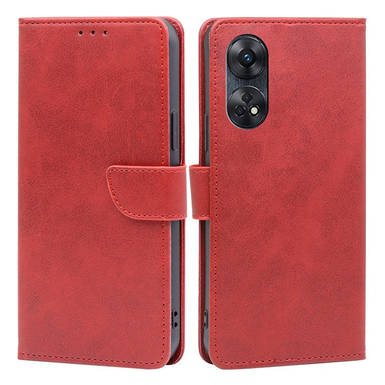 Protective Phone Leather Cover for Oppo Reno8 T 4G Calf Texture Stand Wallet Phone Case - Red