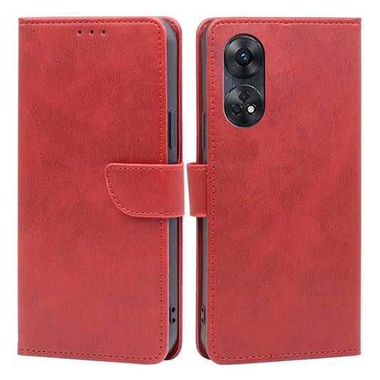 Protective Phone Leather Cover for Oppo Reno8 T 4G Calf Texture Stand Wallet Phone Case - Red