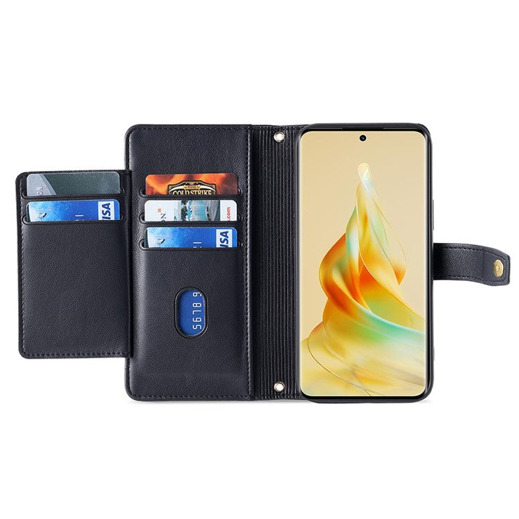 Zipper Pocket Phone Case for Oppo Reno8 T 4G Card Slots Leather Stand Phone Cover with Straps - Black