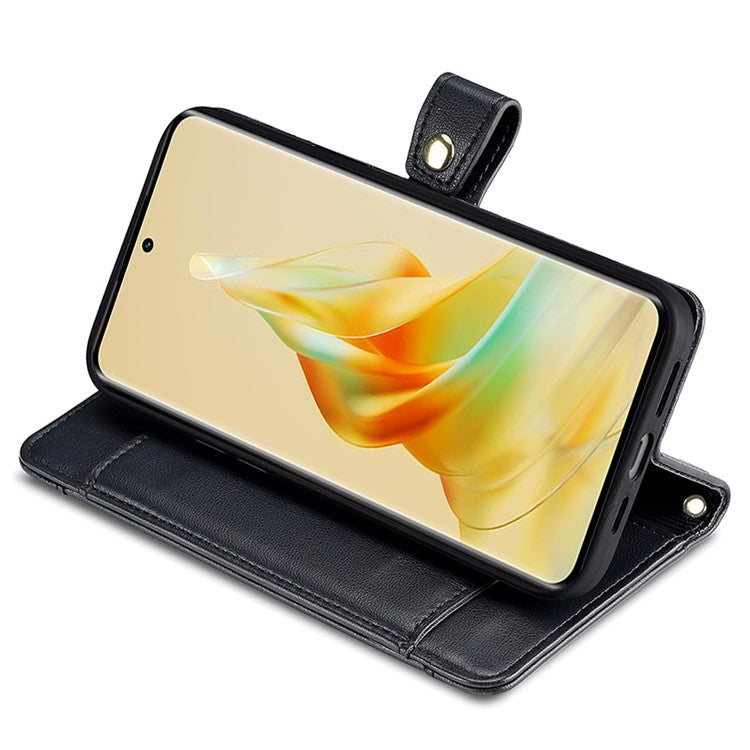 Zipper Pocket Phone Case for Oppo Reno8 T 4G Card Slots Leather Stand Phone Cover with Straps - Black