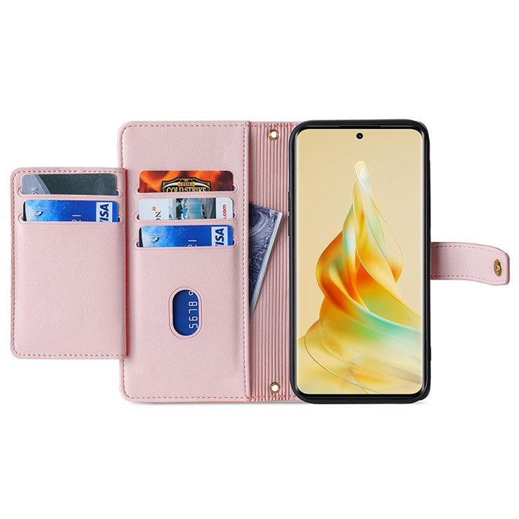 Zipper Pocket Phone Case for Oppo Reno8 T 4G Card Slots Leather Stand Phone Cover with Straps - Pink