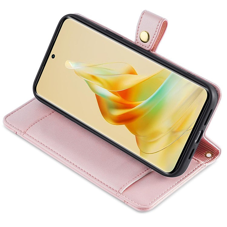 Zipper Pocket Phone Case for Oppo Reno8 T 4G Card Slots Leather Stand Phone Cover with Straps - Pink