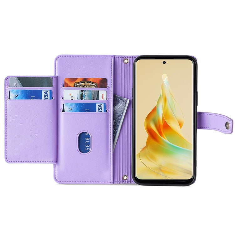 Zipper Pocket Phone Case for Oppo Reno8 T 4G Card Slots Leather Stand Phone Cover with Straps - Purple