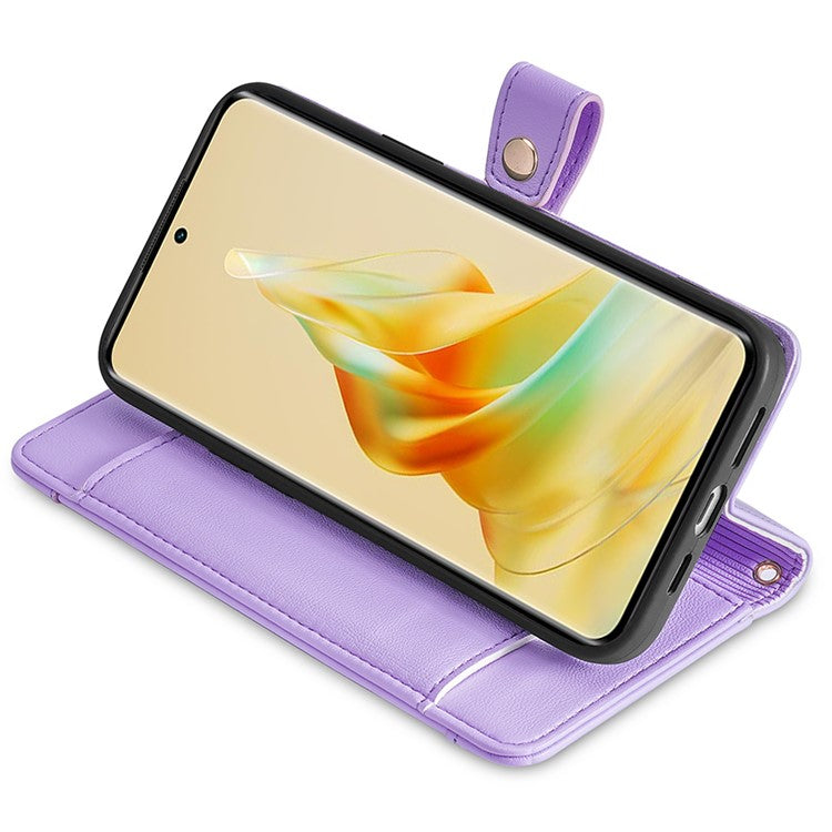 Zipper Pocket Phone Case for Oppo Reno8 T 4G Card Slots Leather Stand Phone Cover with Straps - Purple