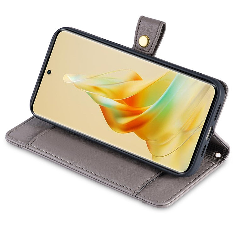 Zipper Pocket Phone Case for Oppo Reno8 T 4G Card Slots Leather Stand Phone Cover with Straps - Grey