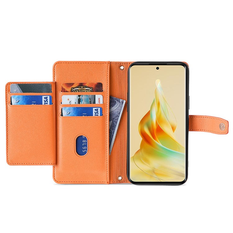 Zipper Pocket Phone Case for Oppo Reno8 T 4G Card Slots Leather Stand Phone Cover with Straps - Orange