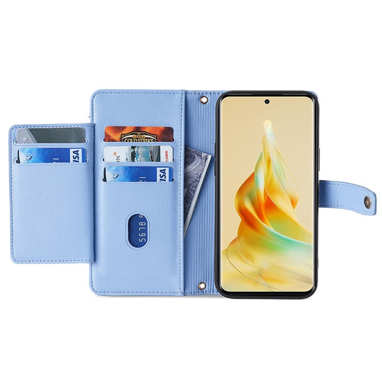 Zipper Pocket Phone Case for Oppo Reno8 T 4G Card Slots Leather Stand Phone Cover with Straps - Blue