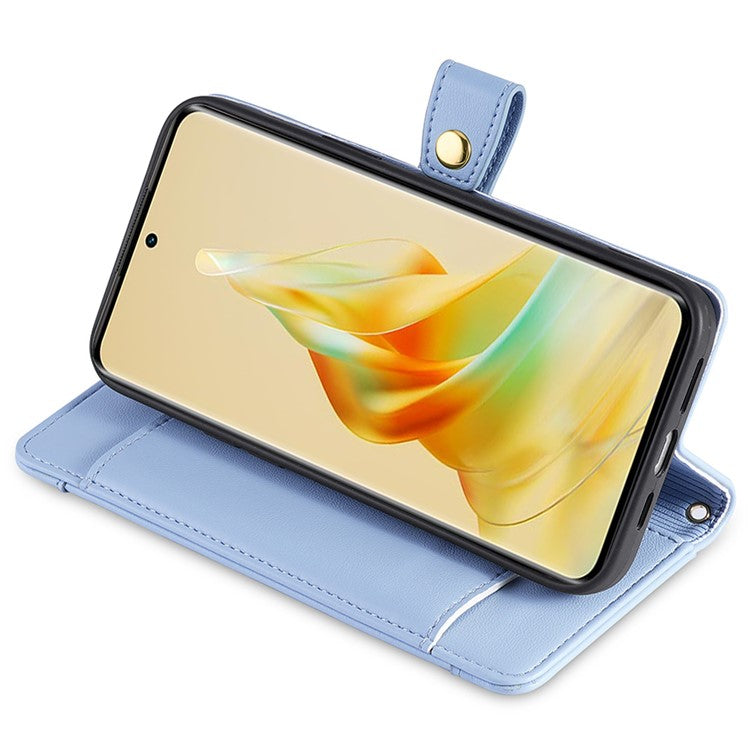 Zipper Pocket Phone Case for Oppo Reno8 T 4G Card Slots Leather Stand Phone Cover with Straps - Blue