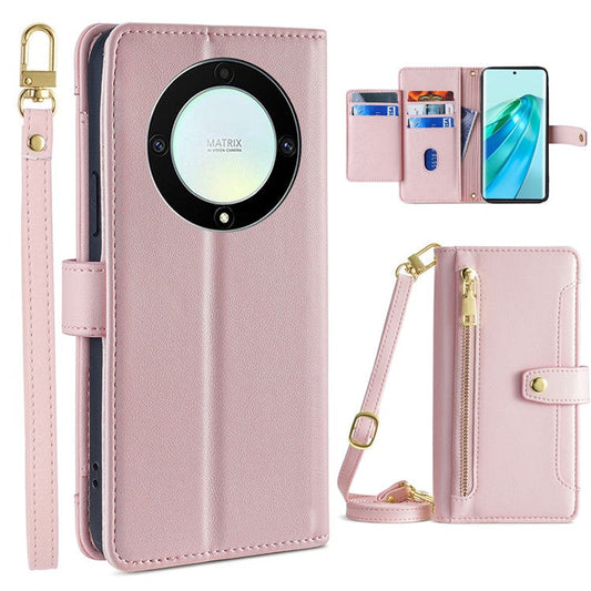 Phone Case for Honor X9a 5G / X40 5G / Magic5 Lite 5G PU Leather Zipper Pocket Card Slots Phone Cover with Straps - Pink