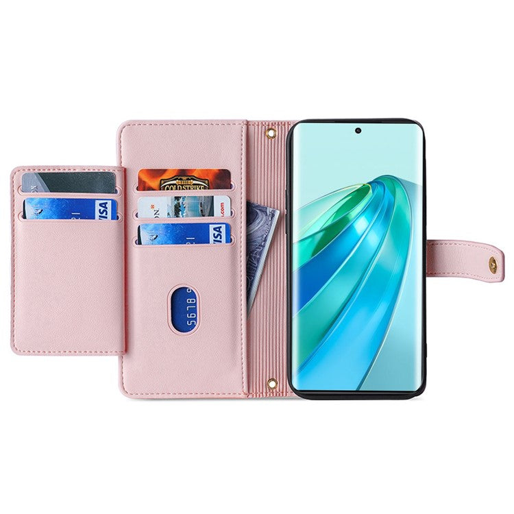 Phone Case for Honor X9a 5G / X40 5G / Magic5 Lite 5G PU Leather Zipper Pocket Card Slots Phone Cover with Straps - Pink