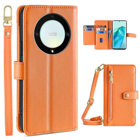 Phone Case for Honor X9a 5G / X40 5G / Magic5 Lite 5G PU Leather Zipper Pocket Card Slots Phone Cover with Straps - Orange