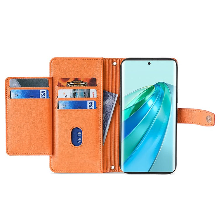 Phone Case for Honor X9a 5G / X40 5G / Magic5 Lite 5G PU Leather Zipper Pocket Card Slots Phone Cover with Straps - Orange
