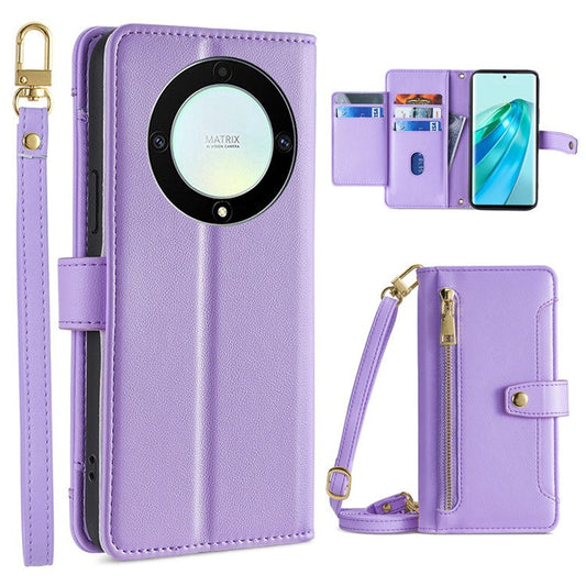 Phone Case for Honor X9a 5G / X40 5G / Magic5 Lite 5G PU Leather Zipper Pocket Card Slots Phone Cover with Straps - Purple