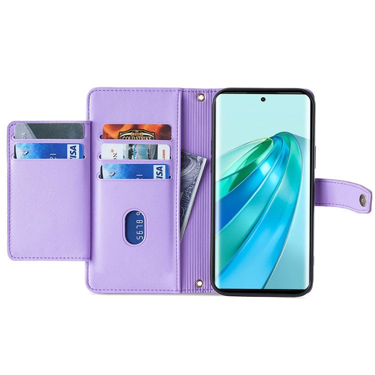 Phone Case for Honor X9a 5G / X40 5G / Magic5 Lite 5G PU Leather Zipper Pocket Card Slots Phone Cover with Straps - Purple