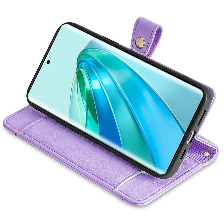 Phone Case for Honor X9a 5G / X40 5G / Magic5 Lite 5G PU Leather Zipper Pocket Card Slots Phone Cover with Straps - Purple