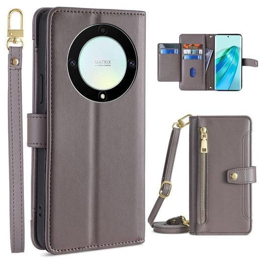 Phone Case for Honor X9a 5G / X40 5G / Magic5 Lite 5G PU Leather Zipper Pocket Card Slots Phone Cover with Straps - Grey