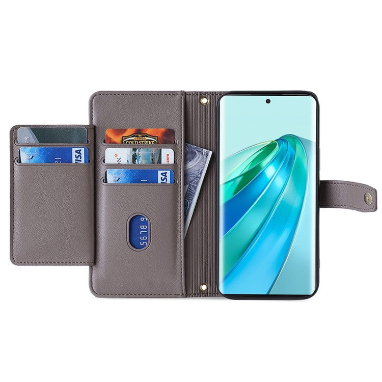 Phone Case for Honor X9a 5G / X40 5G / Magic5 Lite 5G PU Leather Zipper Pocket Card Slots Phone Cover with Straps - Grey