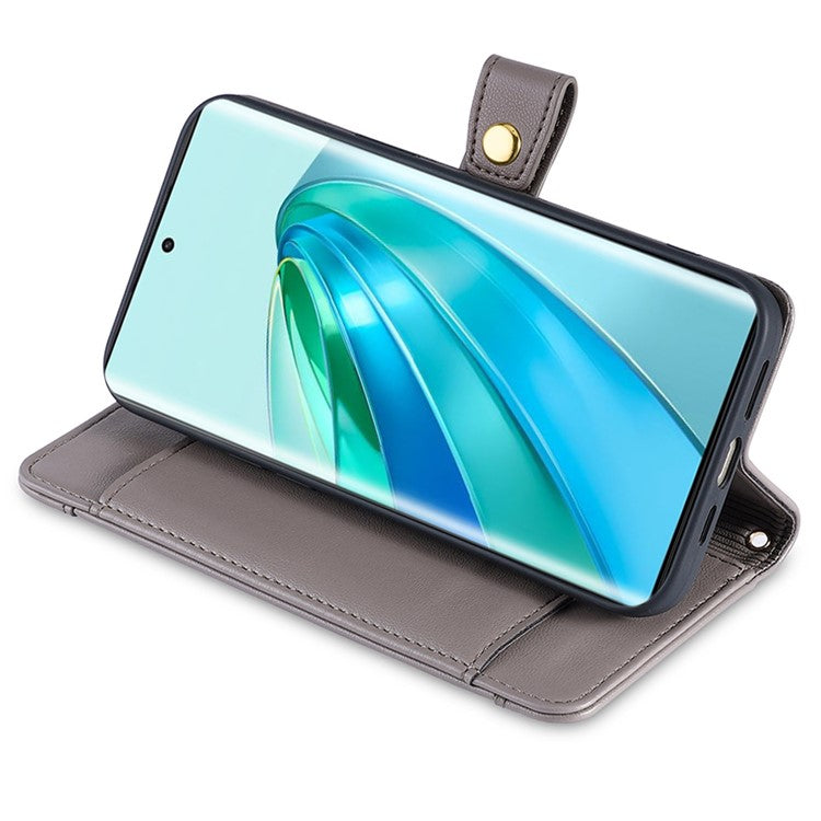 Phone Case for Honor X9a 5G / X40 5G / Magic5 Lite 5G PU Leather Zipper Pocket Card Slots Phone Cover with Straps - Grey