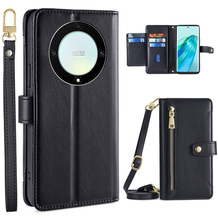 Phone Case for Honor X9a 5G / X40 5G / Magic5 Lite 5G PU Leather Zipper Pocket Card Slots Phone Cover with Straps - Black