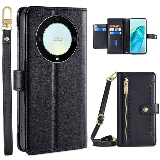 Phone Case for Honor X9a 5G / X40 5G / Magic5 Lite 5G PU Leather Zipper Pocket Card Slots Phone Cover with Straps - Black