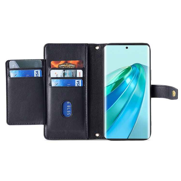 Phone Case for Honor X9a 5G / X40 5G / Magic5 Lite 5G PU Leather Zipper Pocket Card Slots Phone Cover with Straps - Black
