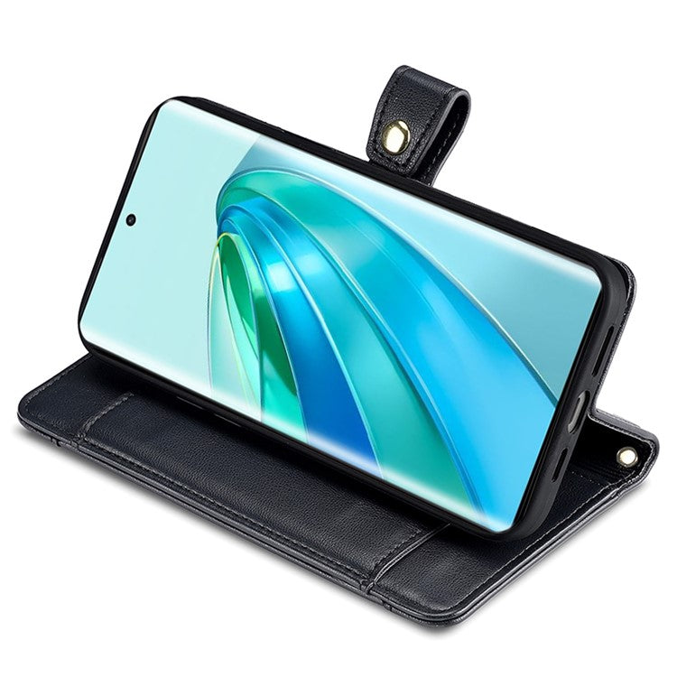 Phone Case for Honor X9a 5G / X40 5G / Magic5 Lite 5G PU Leather Zipper Pocket Card Slots Phone Cover with Straps - Black