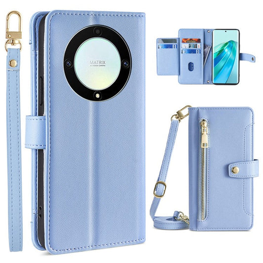 Phone Case for Honor X9a 5G / X40 5G / Magic5 Lite 5G PU Leather Zipper Pocket Card Slots Phone Cover with Straps - Blue