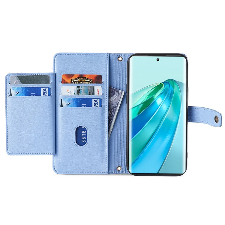 Phone Case for Honor X9a 5G / X40 5G / Magic5 Lite 5G PU Leather Zipper Pocket Card Slots Phone Cover with Straps - Blue