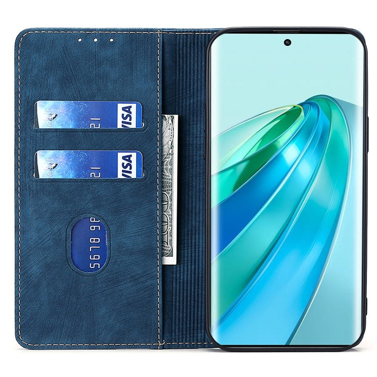 For Honor X9a 5G / X40 5G / Magic5 Lite 5G RFID Blocking Phone Cover Leather Wallet Stand Phone Case - Blue