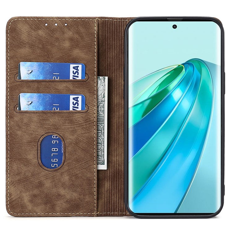 For Honor X9a 5G / X40 5G / Magic5 Lite 5G RFID Blocking Phone Cover Leather Wallet Stand Phone Case - Brown
