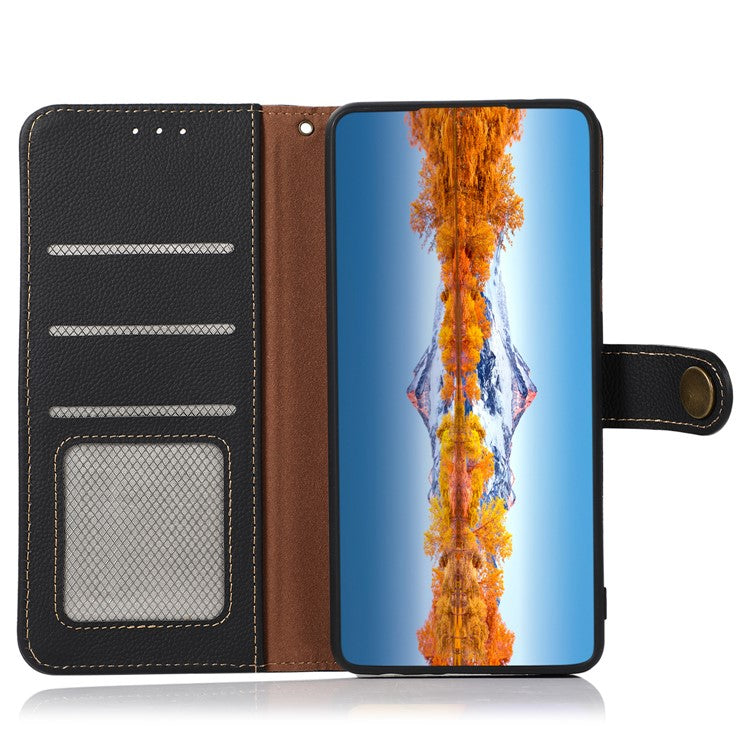 KHAZNEH For OnePlus Nord CE 3 Lite 5G / Nord N30 5G RFID Blocking Phone Wallet Case Genuine Leather Stand Phone Cover - Black