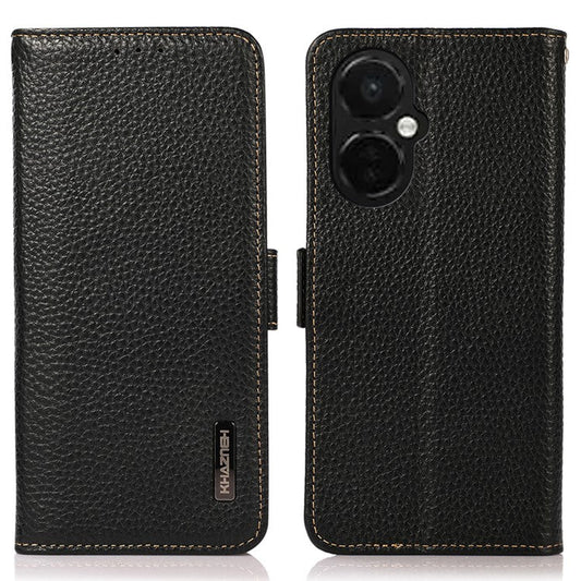 KHAZNEH For OnePlus Nord CE 3 Lite 5G / Nord N30 5G RFID Blocking Phone Case Genuine Cow Leather Wallet Stand Smartphone Cover - Black