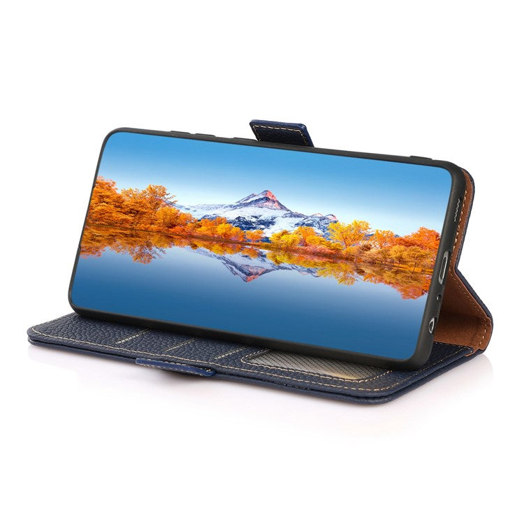 KHAZNEH For OnePlus Nord CE 3 Lite 5G / Nord N30 5G RFID Blocking Phone Case Genuine Cow Leather Wallet Stand Smartphone Cover - Blue