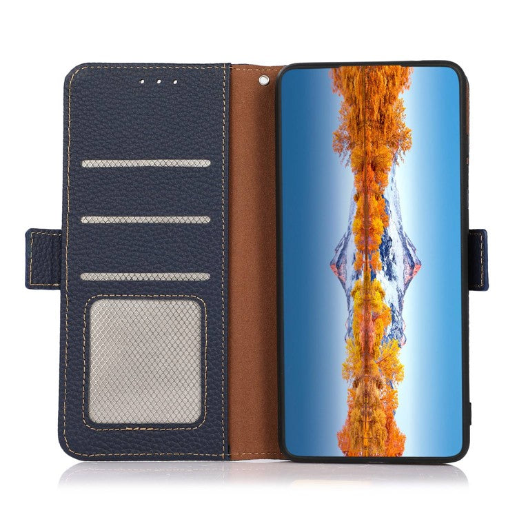 KHAZNEH For OnePlus Nord CE 3 Lite 5G / Nord N30 5G RFID Blocking Phone Case Genuine Cow Leather Wallet Stand Smartphone Cover - Blue