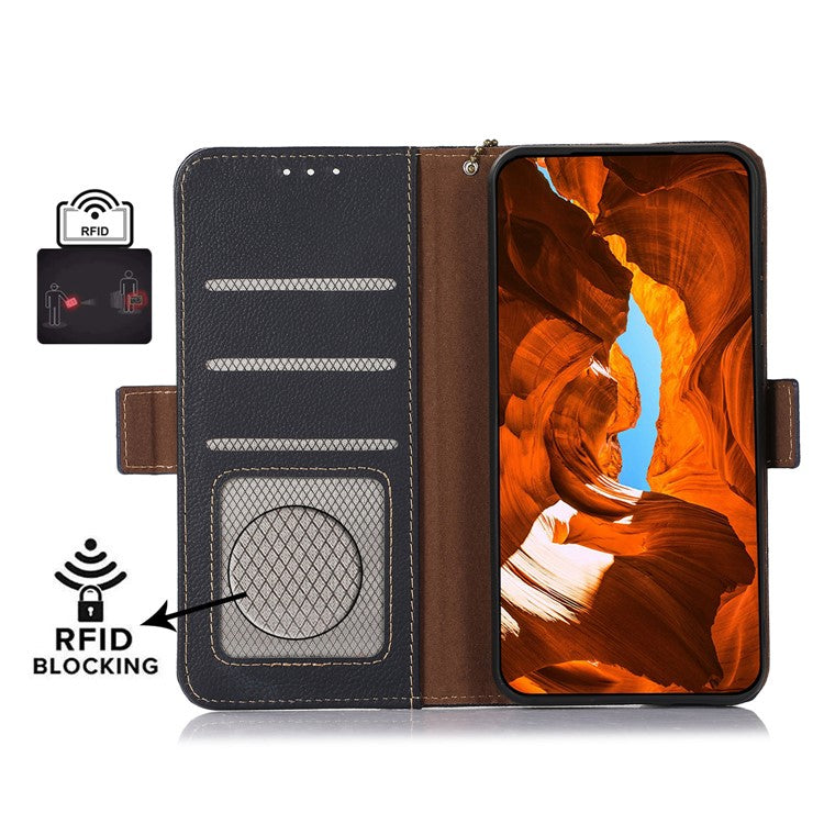TJ RFID Blocking Phone Case for OnePlus Nord CE 3 Lite 5G / Nord N30 5G Genuine Cow Leather Wallet Stand Phone Cover - Blue