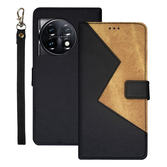 IDEWEI For OnePlus 11 5G Color Splicing Leather Magnetic Cover Phone Case with Card Slots and Wrist Strap - Black