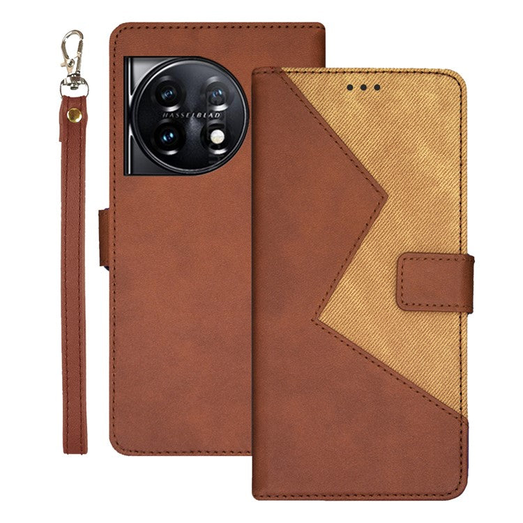 IDEWEI For OnePlus 11 5G Color Splicing Leather Magnetic Cover Phone Case with Card Slots and Wrist Strap - Brown