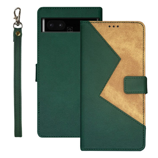 IDEWEI  Leather Phone Case Stand For Google Pixel 7a , Color Splicing  Shockproof Phone Cover with  Card Holder - Green