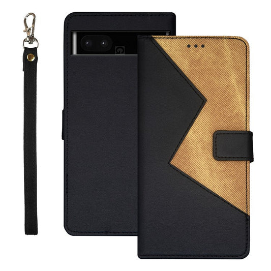 IDEWEI  Leather Phone Case Stand For Google Pixel 7a , Color Splicing  Shockproof Phone Cover with  Card Holder - Black
