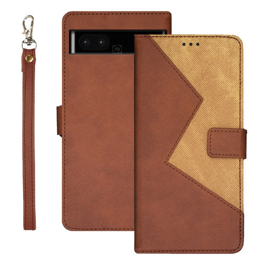 IDEWEI  Leather Phone Case Stand For Google Pixel 7a , Color Splicing  Shockproof Phone Cover with  Card Holder - Brown