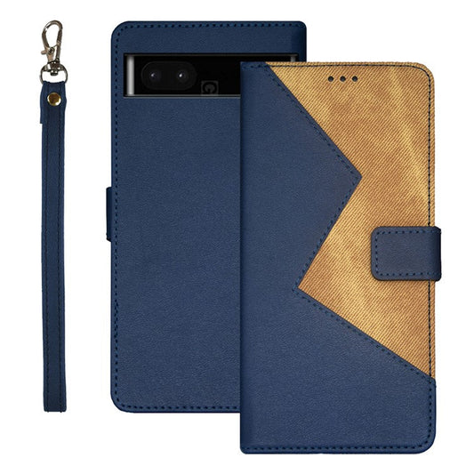 IDEWEI  Leather Phone Case Stand For Google Pixel 7a , Color Splicing  Shockproof Phone Cover with  Card Holder - Blue