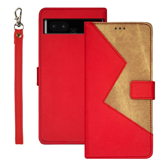 IDEWEI  Leather Phone Case Stand For Google Pixel 7a , Color Splicing  Shockproof Phone Cover with  Card Holder - Red