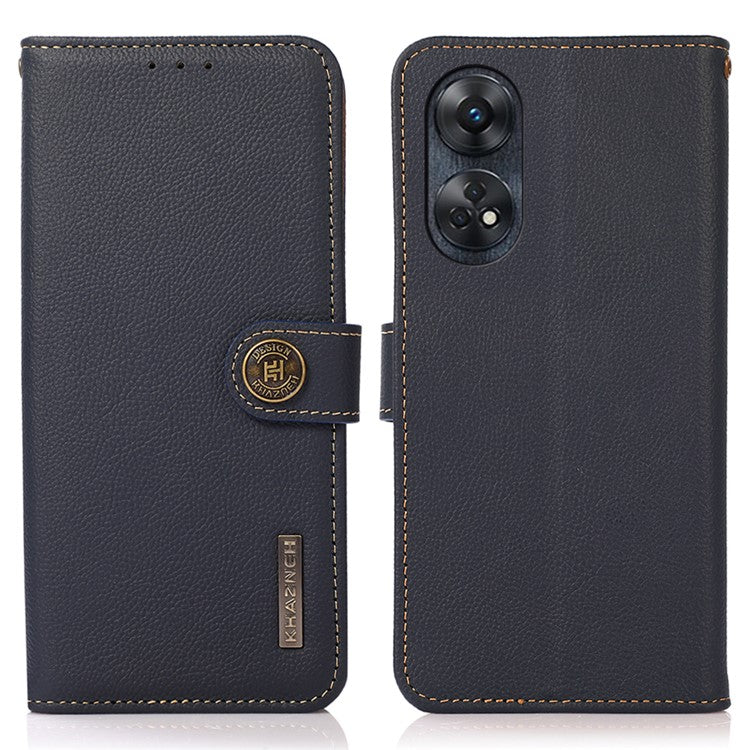 KHAZNEH For Oppo Reno8 T 4G RFID Blocking Genuine Leather Phone Case Phone Cover with Wallet Stand - Blue
