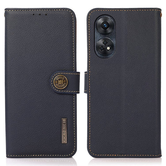 KHAZNEH For Oppo Reno8 T 4G RFID Blocking Genuine Leather Phone Case Phone Cover with Wallet Stand - Blue