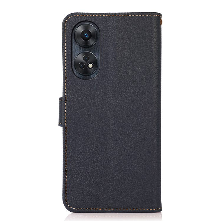 KHAZNEH For Oppo Reno8 T 4G RFID Blocking Genuine Leather Phone Case Phone Cover with Wallet Stand - Blue